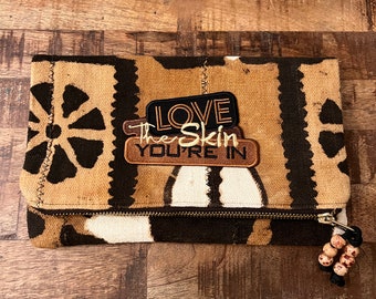 MudCloth Bogolan African Print Tribal Purse- Clutch-Handbag- Embellished-Adorned-   Fold-over Bag
