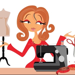 Peut inclure: Une femme en robe rouge coud sur une machine à coudre noire. Elle utilise une bobine de fil et une paire de ciseaux. Il y a un mannequin à gauche de la femme.