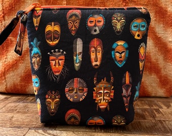 Zipper Pouch With African Mask Print- Makeup Bag-Toiletry Bag- Pouch- Wallet-Purse  Organizer- Zipper Pouch-Handmade- Foam Stabilizer