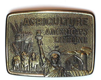 Vintage 1970s/70s "Agriculture Americas Lifeline" Farmhand Brass Belt Buckle