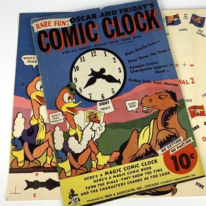 May include: A vintage comic book cover featuring a colorful illustration of a clock with cartoon characters. The title of the book is "Rare Fun! Oscar and Friday's Comic Clock". The cover also includes the price "10c".
