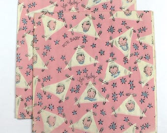 Papel de embrulho para chá de bebê com alfinete de segurança vintage dos anos 1950/50, rosa, 76 cm x 76 cm