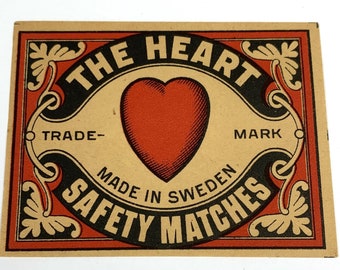 Vintage/Antique Un-Glued Swedish Matchbox Label "The Heart" Puffy Heart Safety Matches