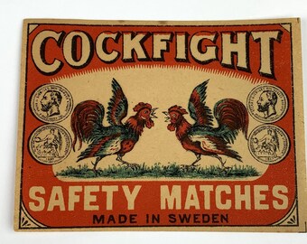 Vintage/Antique Un-Glued Swedish Matchbox Label "Cockfight" Rooster Safety Matches