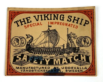 Vintage/Antique Un-Glued Swedish Matchbox Label "The Viking Ship" Safety Matches