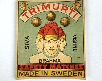 Vintage/Antique Un-Glued Swedish Matchbox Label "Trimurti" Safety Matches