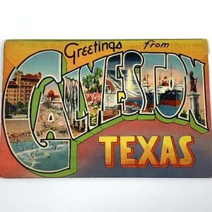 Cartão postal vintage de linho dobrável com saudações de Galveston, Texas, anos 1940/40