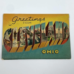 Vintage 1940s/40s Big Letter Greetings From Cleveland Ohio Linen Fold Out Postcard