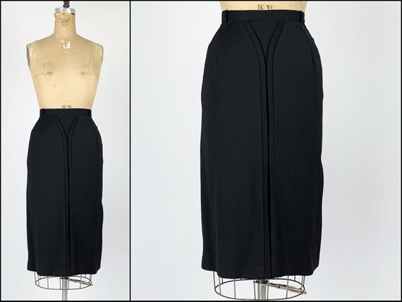 Vintage 1950s/40s Art Deco Black Wool Gaberdine Sk