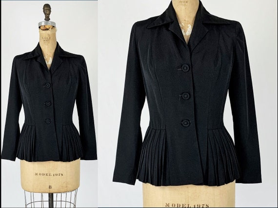 Vintage 1940s/40s Black Rayon Peplum Blazer Jacket