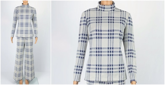 Vintage 1970s/70s Window Pane Plaid Mock Turtlenec