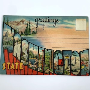 Carte postale dépliante en lin avec grosses lettres de voeux de l'État de Washington vintage des années 40/40
