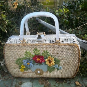 vintage rare  1950s atlas wicker princess charming, lucite , embroidered flowers in a cart by Hollywood F1