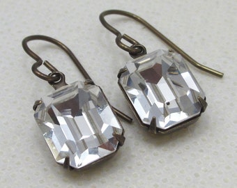 Vintage Style Octagon Crystal Earrings - Natural Brass French Earwires