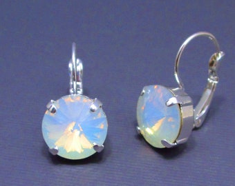 White Opal Rivoli Crystals -  Shiny Silver Lever Back Dangle Earrings - Art Deco Style  - Wedding Earrings