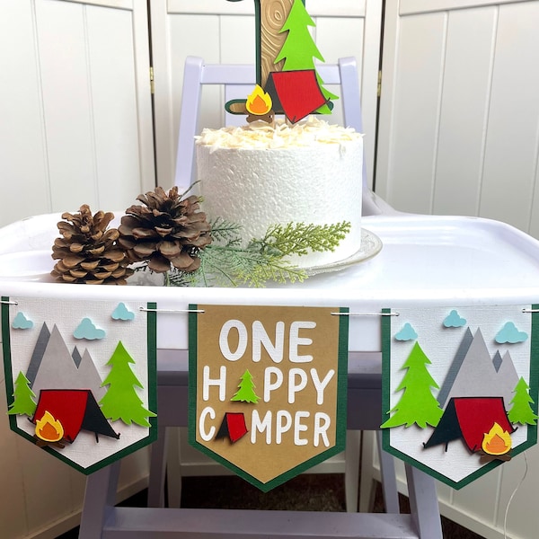 Personalize Colors! One Happy Camper High Chair & Cake Topper Set. 1st Camping party |  One happy camper decor |  One happy camper banner