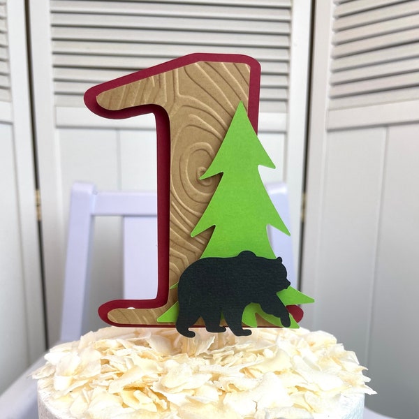 Choose any age + color! Bear and Tree Cake Topper. Woodland cake topper. Lumberjack cake topper.  Woodsy cake topper. Cake topper with bear.