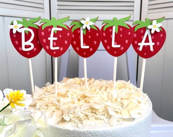 Personalize a name or age! Strawberries by the letter cake topper with daisies.  Strawberry inital cake topper. Berry sweet cake topper.