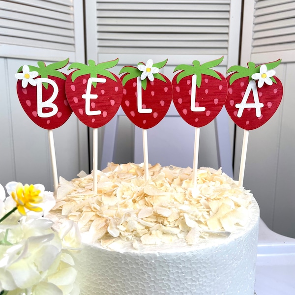 Personalize a name or age! Strawberries by the letter cake topper with daisies.  Unique strawberry cake topper. Berry sweet topper.
