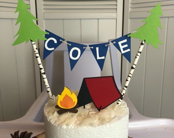 Tent & Campfire Cake Topper w/ birch tree straws. Choose the color of your tent and flag pennants! Perfect cake decor for a camping party!
