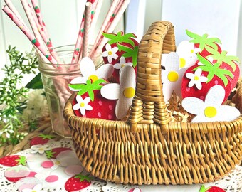 Strawberry & Daisy Party Bundle, Cupcake Picks, Paper Straws and Confetti, Garden Party Decor, Berry First Birthday