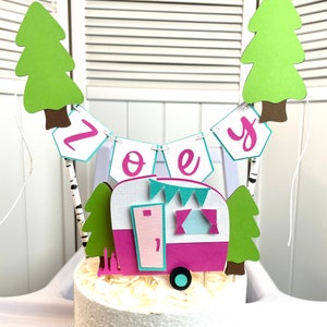Personalize name and color!  Glamping trailer w/ birch tree paper straws.  Glamping cake topper.  Cake topper with trailer.  Glamping Party.