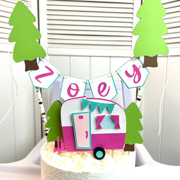 Personalize name and color!  Glamping trailer w/ birch tree paper straws.  Glamping cake topper.  Cake topper with trailer.  Glamping Party.