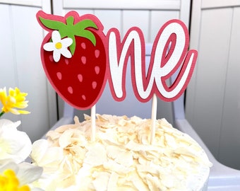 Cursive Strawberry One Cake Topper with a daisy.  Strawberry cake topper. Berry sweet topper. Berry first cake topper w/ lollipop skewers.
