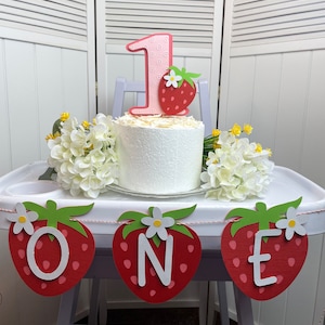 One Strawberry High Chair and Cake Topper Set - Includes Cake Topper & High Chair Banner. Sweet one party. Berry sweet first birthday.