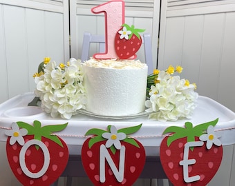 One Strawberry High Chair and Cake Topper Set - Includes Cake Topper & High Chair Banner. Sweet one party. Berry sweet first birthday.
