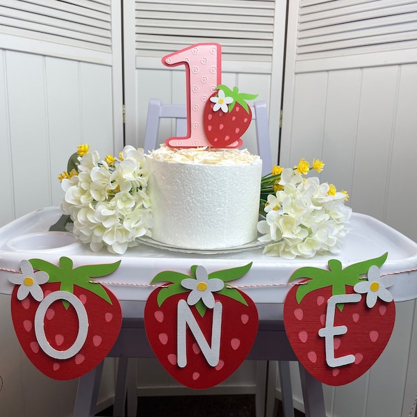 One Strawberry High Chair and Cake Topper Set - Includes Cake Topper & High Chair Banner. Sweet one party. Berry sweet first birthday.