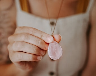 26" Chunky Rose Quartz Teardrop and Silk Necklace | Rose Quartz Necklace | Chunky Crystal Necklace | Long Minimalist Pink Quartz Necklace