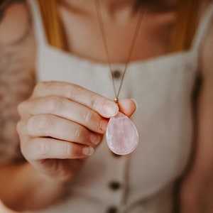 26&quot; Chunky Rose Quartz Teardrop and Silk Necklace | Rose Quartz Necklace | Chunky Crystal Necklace | Long Minimalist Pink Quartz Necklace
