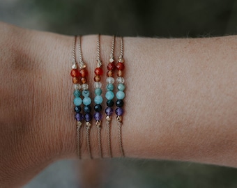 Dainty Rainbow Gemstone Chakra Bracelet | Adjustable Silk Bracelet with Silver or Gold | Delicate Round Faceted Rainbow Chakra Bracelet