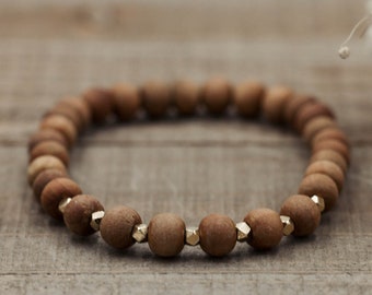 6mm Sandalwood Bracelet with Geometric Gold or Silver Accents | Sandalwood Mala Bracelet