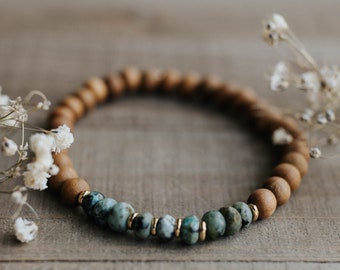 6mm Sandalwood and African Turquoise Bracelet | Sandalwood Mala Bracelet | Green Jasper Bracelet | Unisex or Men's Wood Bracelet