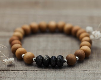 8mm Gold Sheen Obsidian and Sandalwood Bracelet | Gold Sheen Obsidian Bracelet | Sandalwood Mala Bracelet | Women's or Men's Wood Bracelet