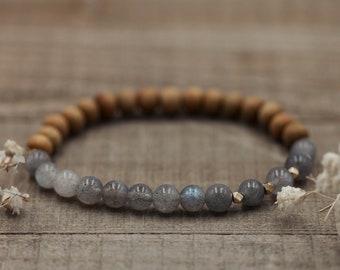 6mm Labradorite and Sandalwood Bracelet + Geometric Gold or Silver | Mala Bracelet | Labradorite Bracelet | Labradorite Mala