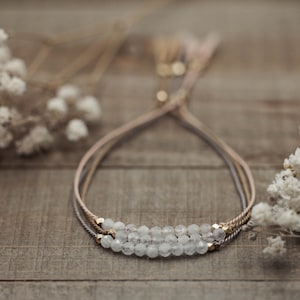 Dainty Gold + Moonstone + Silk Adjustable Bracelet | Dainty Gemstone Bracelet | Small Rainbow Moonstone Bracelet | Tiny Gemstone Bracelet