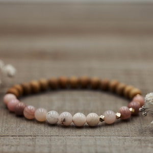 6mm Pink Opal and Sandalwood Bracelet + Geometric Gold or Silver | Pink Opal Bracelet | Pink Opal Mala Bracelet