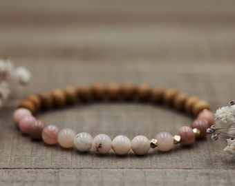 6mm Pink Opal and Sandalwood Bracelet + Geometric Gold or Silver | Pink Opal Bracelet | Pink Opal Mala Bracelet