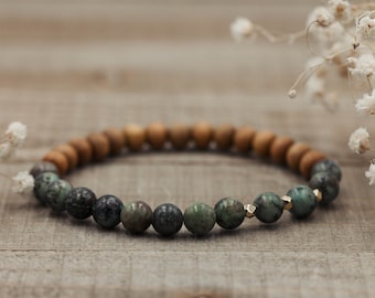 African Turquoise and Sandalwood Bracelet + Geometric Gold or Silver | Mala Bracelet | African Turquoise Bracelet