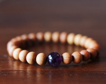 8mm Men's Sandalwood and Amethyst Bracelet | Men's Wood Bracelet | Unisex Wood Bracelet | Sandalwood Bracelet