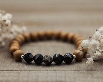 8mm Gold Sheen Obsidian and Sandalwood Bracelet | Gold Sheen Obsidian Bracelet | Sandalwood Mala Bracelet | Women's or Men's Wood Bracelet