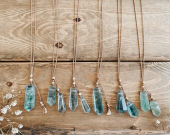 Turquoise Fluorite Necklace | Teal Fluorite Dainty Adjustable Silk Lariat Necklace with Fine Silver or 14 Karat Gold Fill | Fluorite Crystal