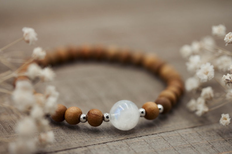 6mm Sandalwood and Rainbow Moonstone Bracelet Mala Bracelet Moonstone Bracelet June Birthstone Bracelet image 4