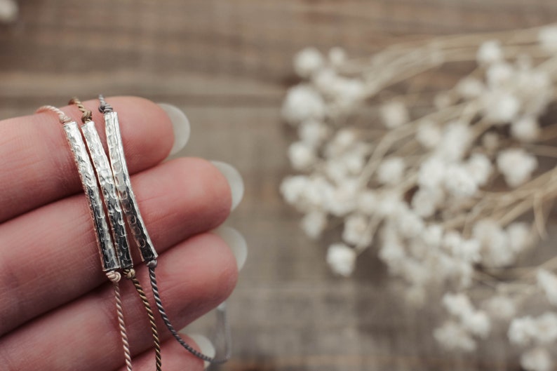 Dainty Silver Silk Adjustable Bracelet Silver Bar Bracelet Silver Minimalist Bracelet Tiny Silver Bracelet Small String Bracelet image 4