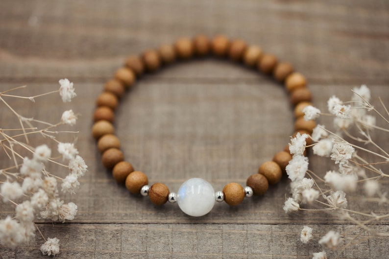 6mm Sandalwood and Rainbow Moonstone Bracelet Mala Bracelet Moonstone Bracelet June Birthstone Bracelet image 5