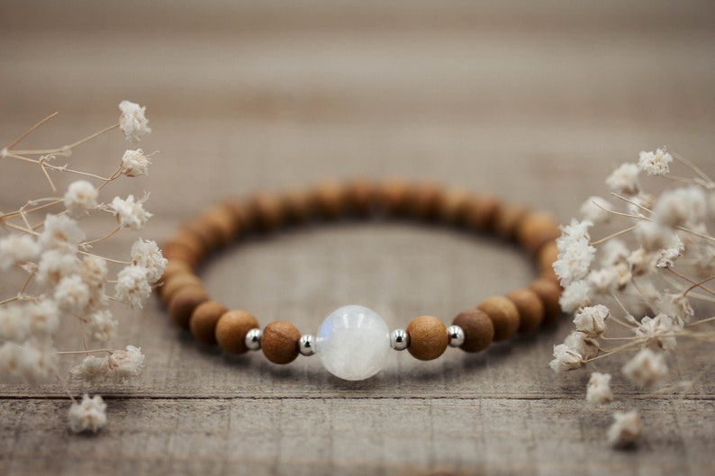 6mm Sandalwood and Rainbow Moonstone Bracelet Mala Bracelet Moonstone Bracelet June Birthstone Bracelet image 1