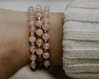 6mm Morganite and Sandalwood Bracelet + Geometric Gold or Silver | Mala Bracelet | Morganite Bracelet | Pink Morganite